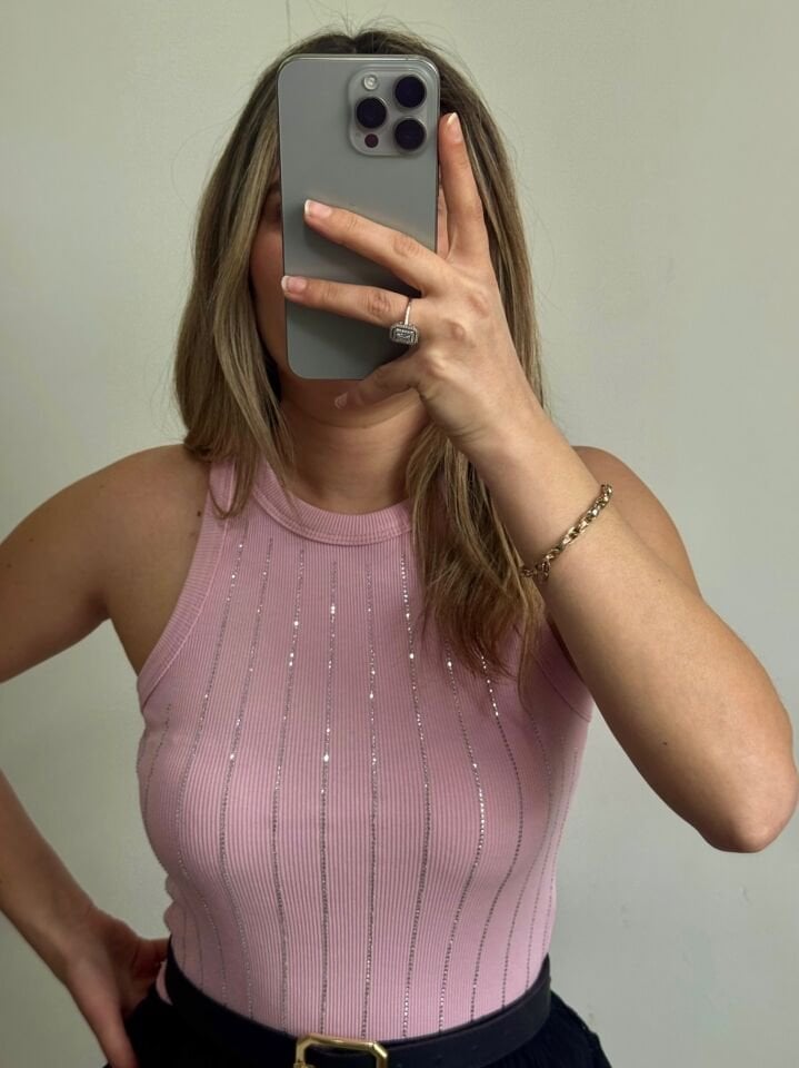 Sıralı Kristal Taş İşlemeli Ribana Örme Pembe Atlet
