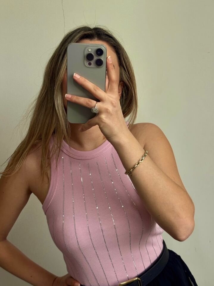 Sıralı Kristal Taş İşlemeli Ribana Örme Pembe Atlet