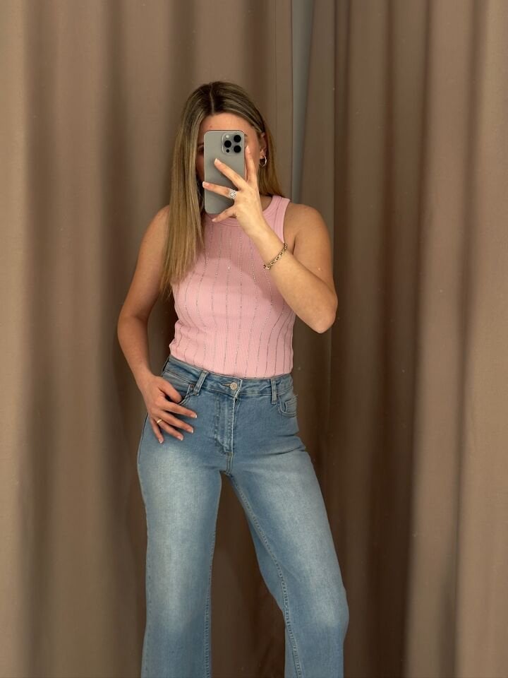 Sıralı Kristal Taş İşlemeli Ribana Örme Pembe Atlet