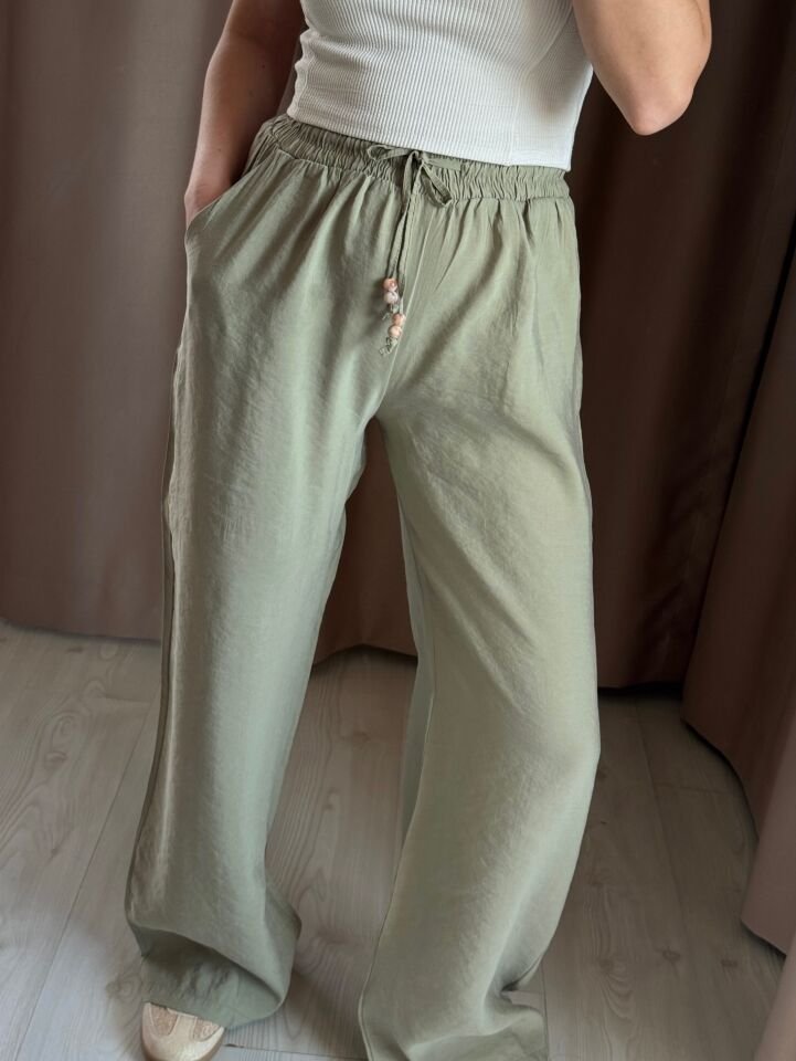 Beli Lastikli Boncuk Detaylı  Pantolon Naturel