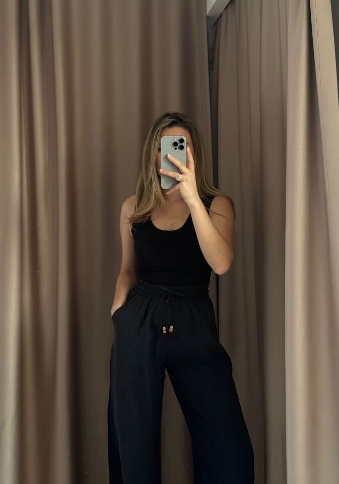Beli Lastikli Boncuk Detaylı  Pantolon Naturel S - 36 - SİYAH