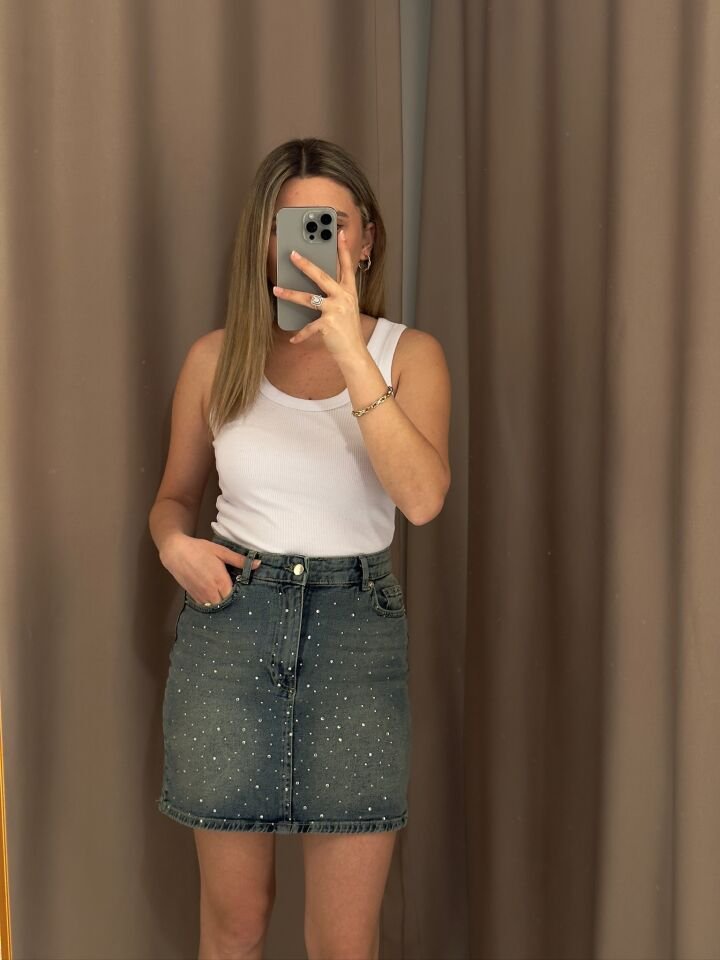 Yüksek Bel Taşlı Denim Etek