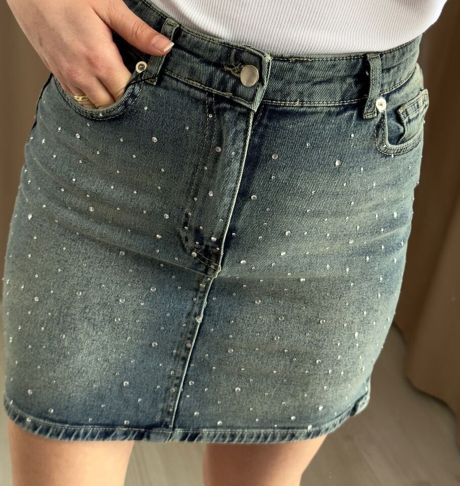Yüksek Bel Taşlı Denim Etek