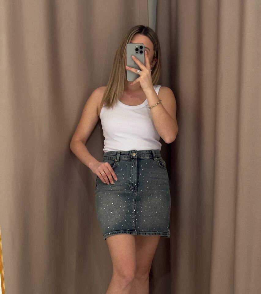 Yüksek Bel Taşlı Denim Etek