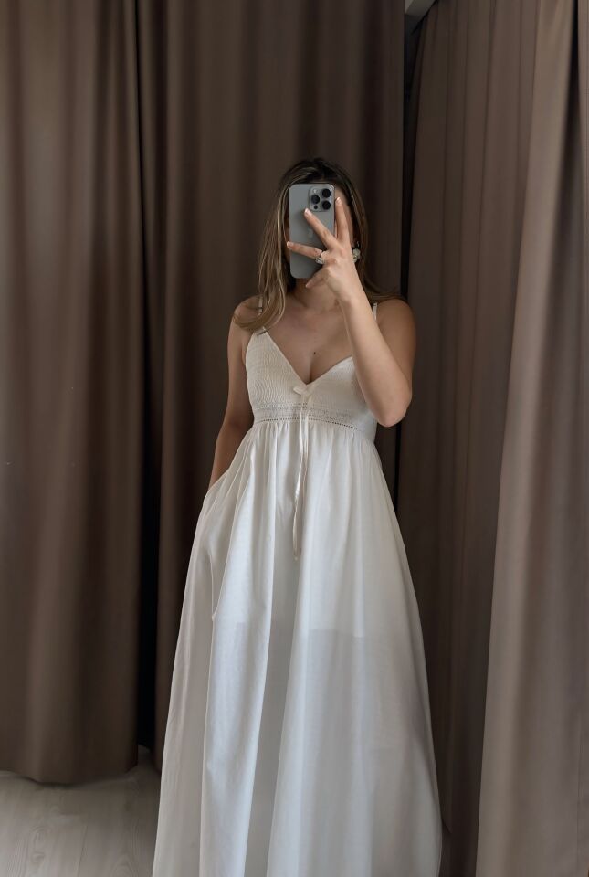 Bohem Nakışlı ve Gipe Detaylı ekru Elbise