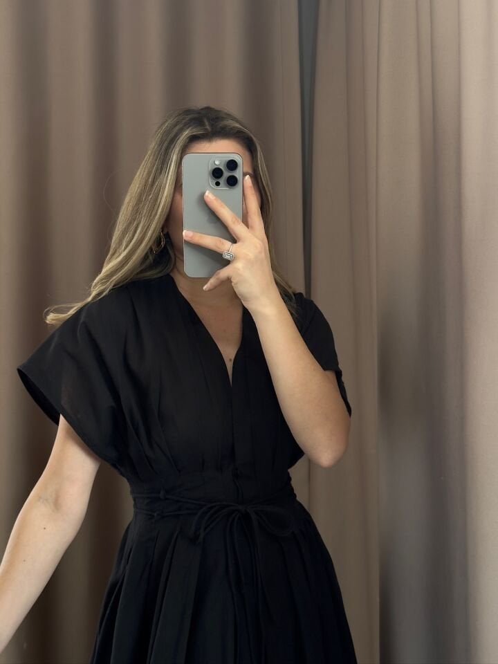 Beli Bağcıklı V Yaka Midi Elbise