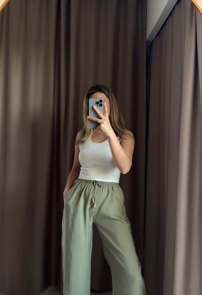 Beli Lastikli Boncuk Detaylı  Pantolon Naturel M - 38  - HAKİ