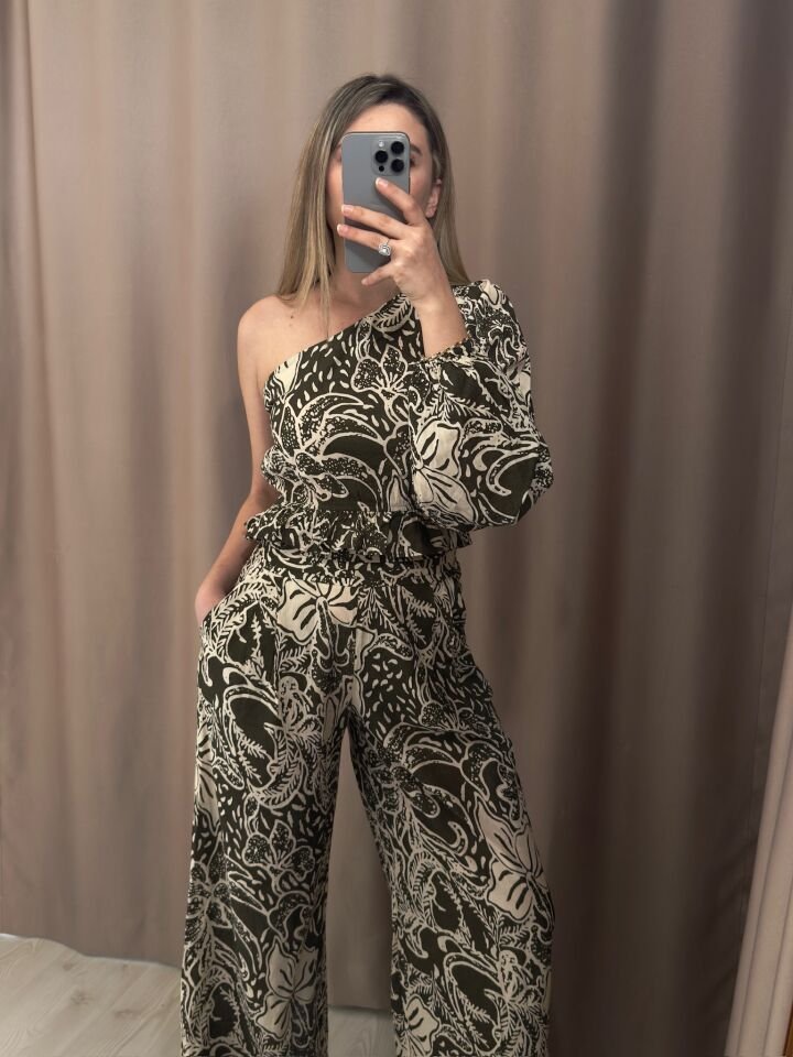 Etnik Desenli Beli  Pileli Bol Paça Pantolon