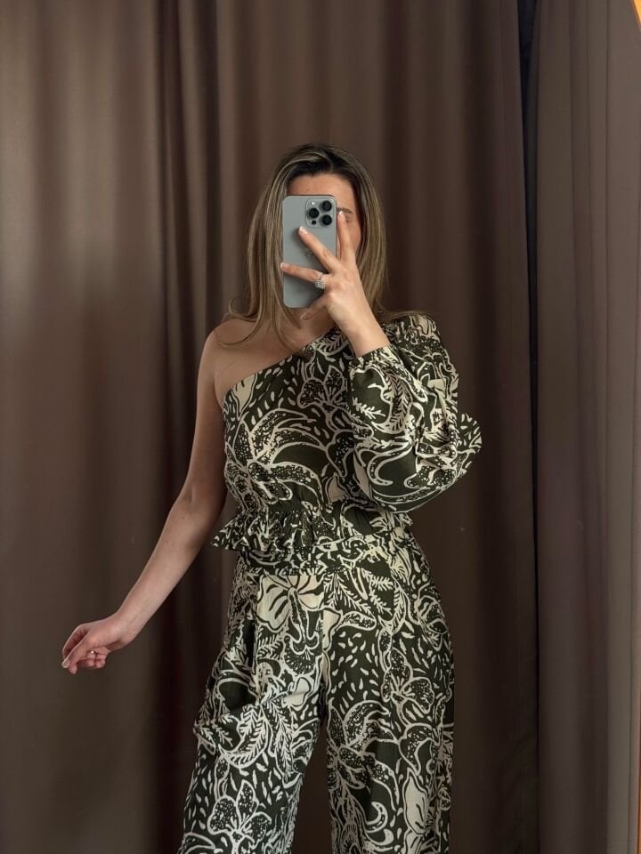 Etnik Desenli Beli  Pileli Bol Paça Pantolon