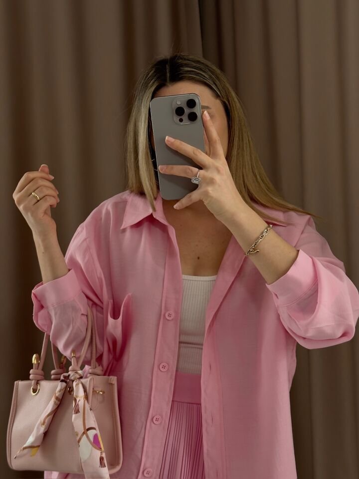 Düşük omuz oversize mevsimlik gömlek STANDART  - AÇIK PEMBE