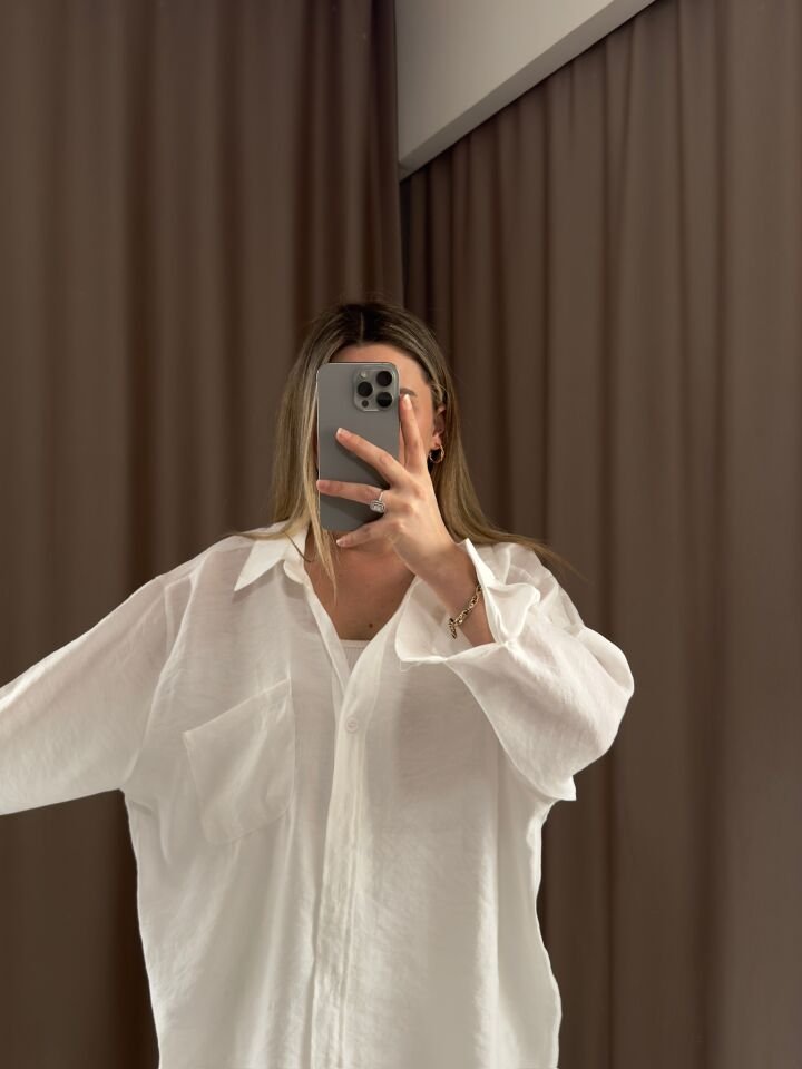 Düşük omuz oversize mevsimlik gömlek STANDART  - BEYAZ