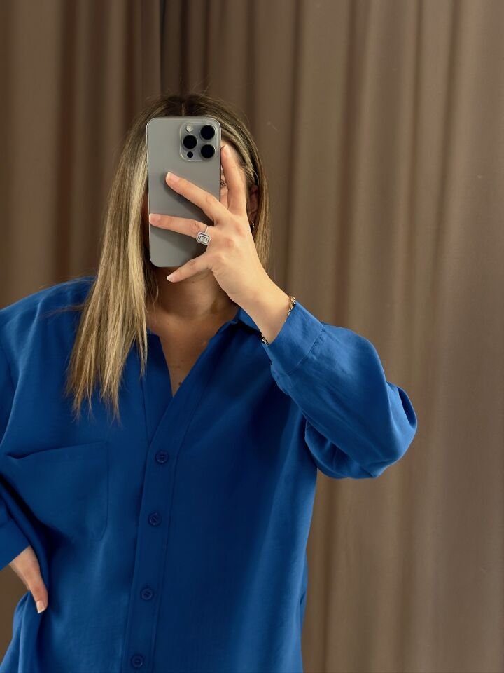Düşük omuz oversize mevsimlik gömlek STANDART  - SAKS MAVİSİ