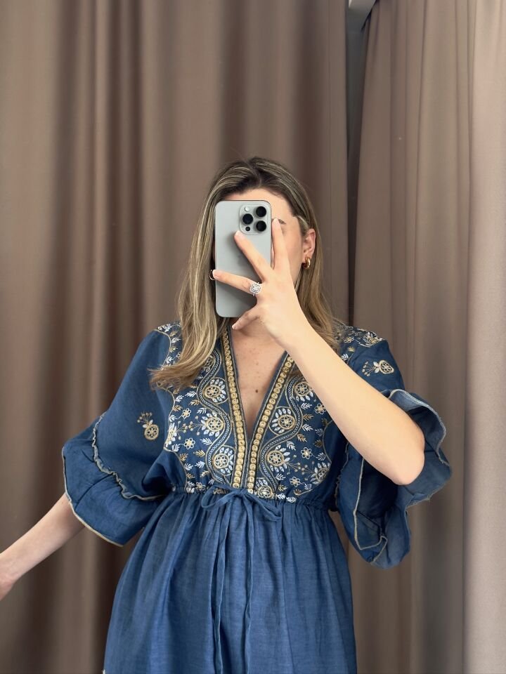 Bohem Nakışlı V Yaka Uzun Elbise