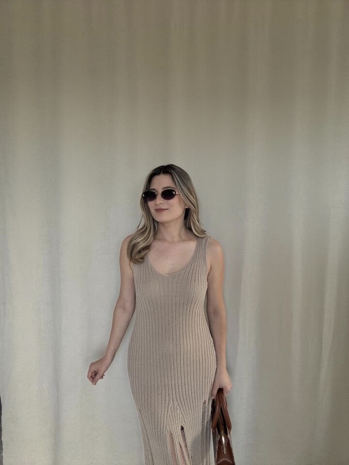 Ajurlu V Yaka Uzun Triko Elbise     Beach dress