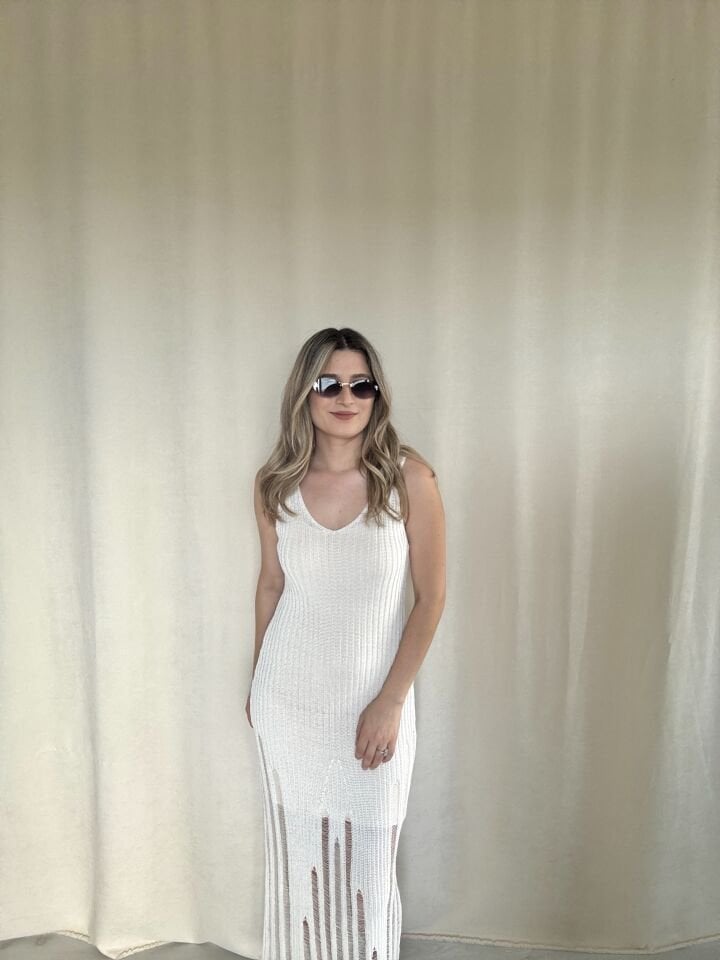 Ajurlu V Yaka Uzun Triko Elbise     Beach dress