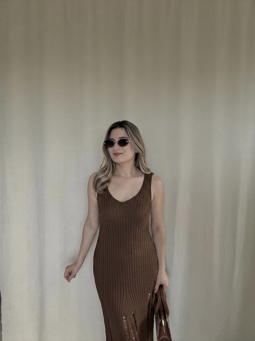 Ajurlu V Yaka Uzun Triko Elbise     Beach dress KAHVERENGİ - STANDART 