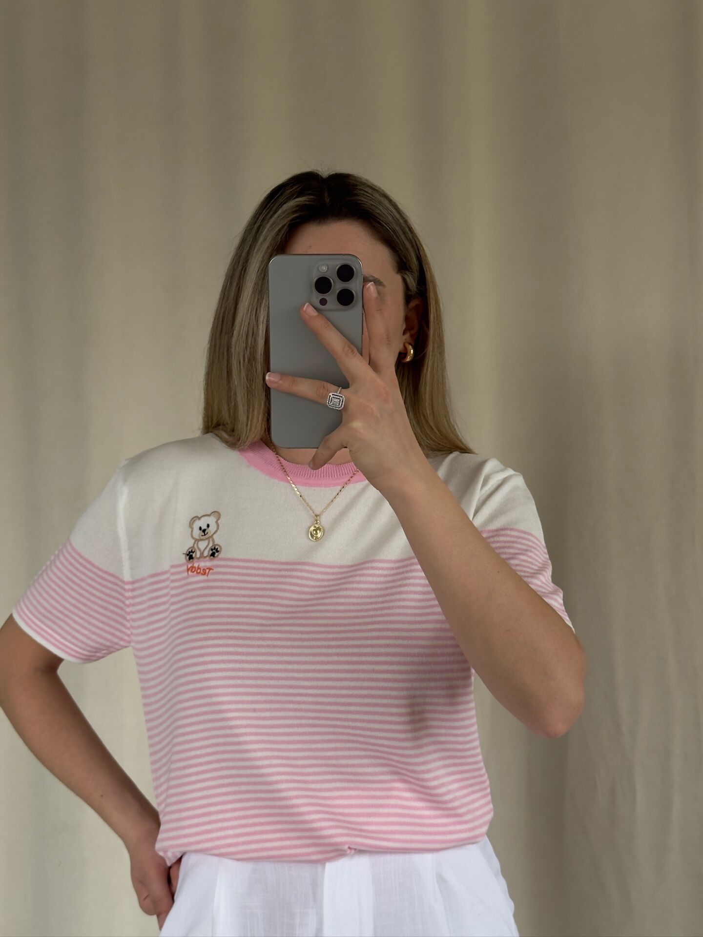 Ayıcık Nakışlı Çizgili Bluz STANDART  - AÇIK PEMBE