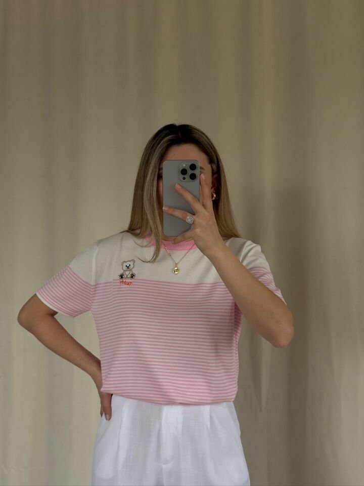 Ayıcık Nakışlı Çizgili Bluz STANDART  - AÇIK PEMBE