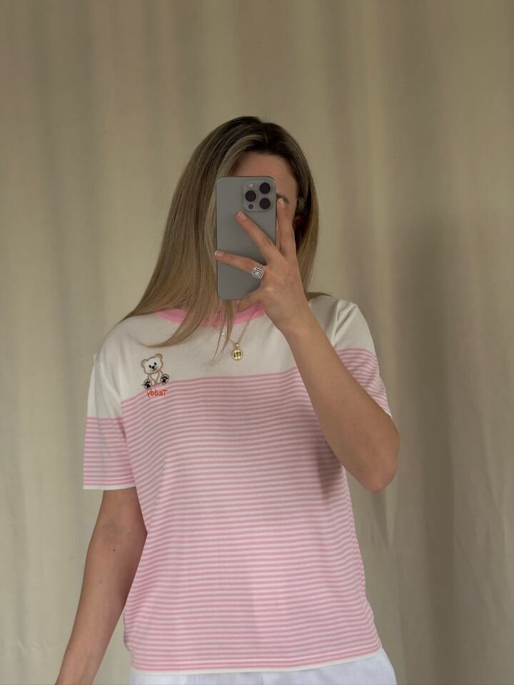 Ayıcık Nakışlı Çizgili Bluz STANDART  - AÇIK PEMBE