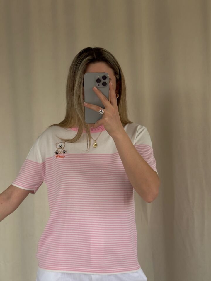 Ayıcık Nakışlı Çizgili Bluz STANDART  - AÇIK PEMBE