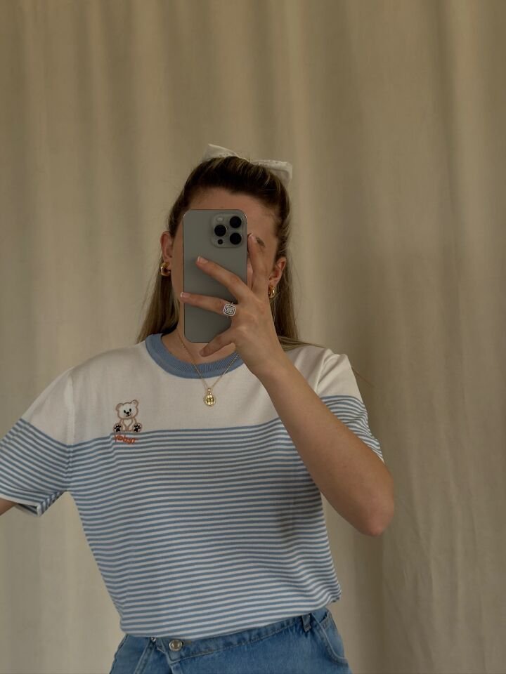 Ayıcık Nakışlı Çizgili Bluz STANDART  - BEBE MAVİSİ