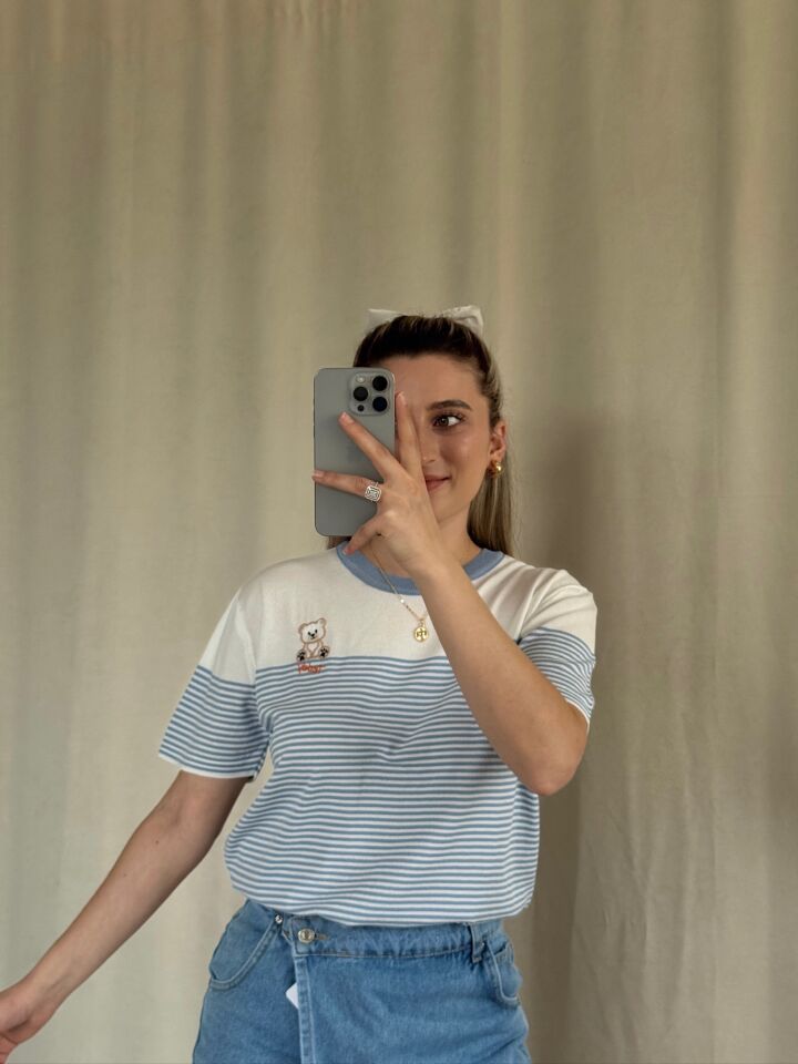 Ayıcık Nakışlı Çizgili Bluz STANDART  - BEBE MAVİSİ