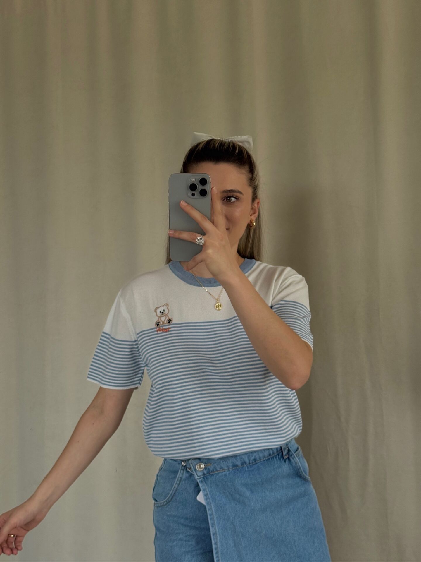 Ayıcık Nakışlı Çizgili Bluz STANDART  - BEBE MAVİSİ