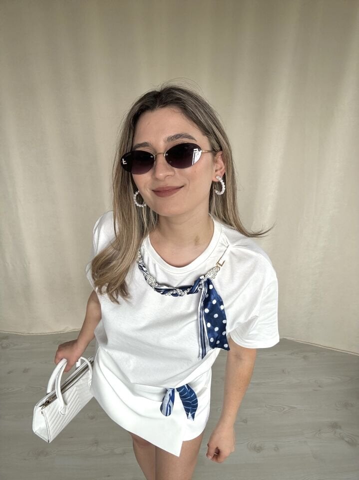 Massimo Dutti İnci ve Eşarp Detaylı Beyaz Tişört