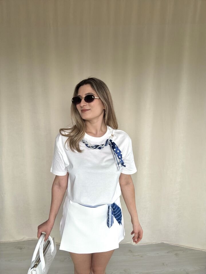 Massimo Dutti İnci ve Eşarp Detaylı Beyaz Tişört