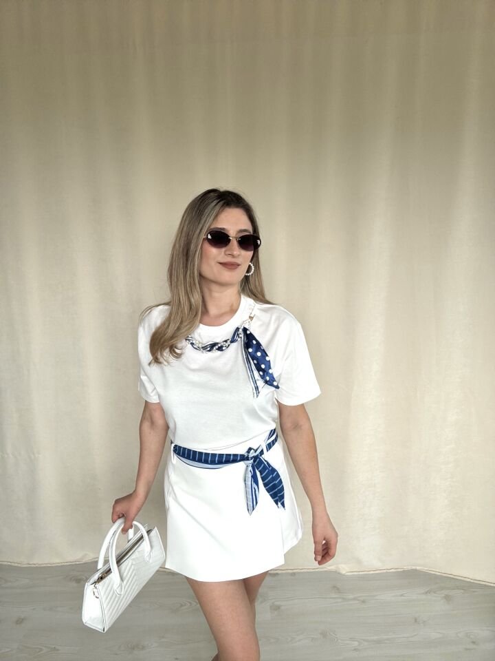Massimo Dutti İnci ve Eşarp Detaylı Beyaz Tişört
