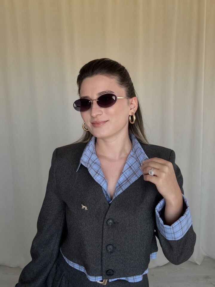 Kahve Desenli Birleşik Gömlekli Ceketli Şort  Etek Takım