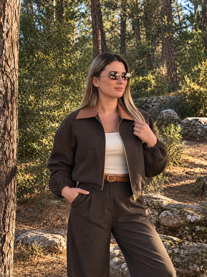 Kahve Ekose Bomber Ceketli Pantolon Takım