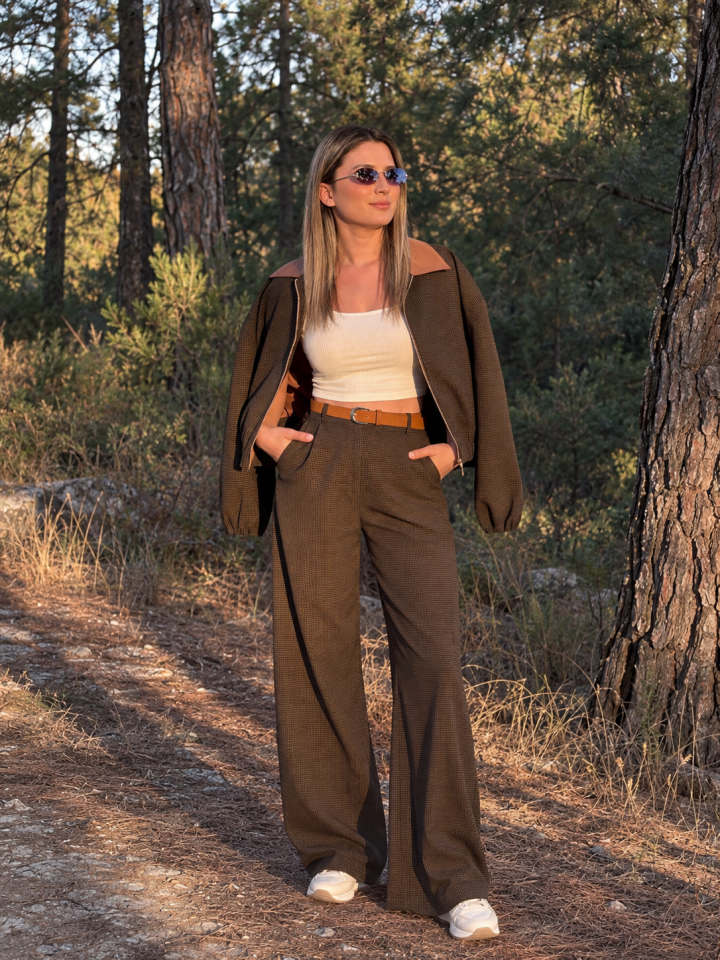Kahve Ekose Bomber Ceketli Pantolon Takım