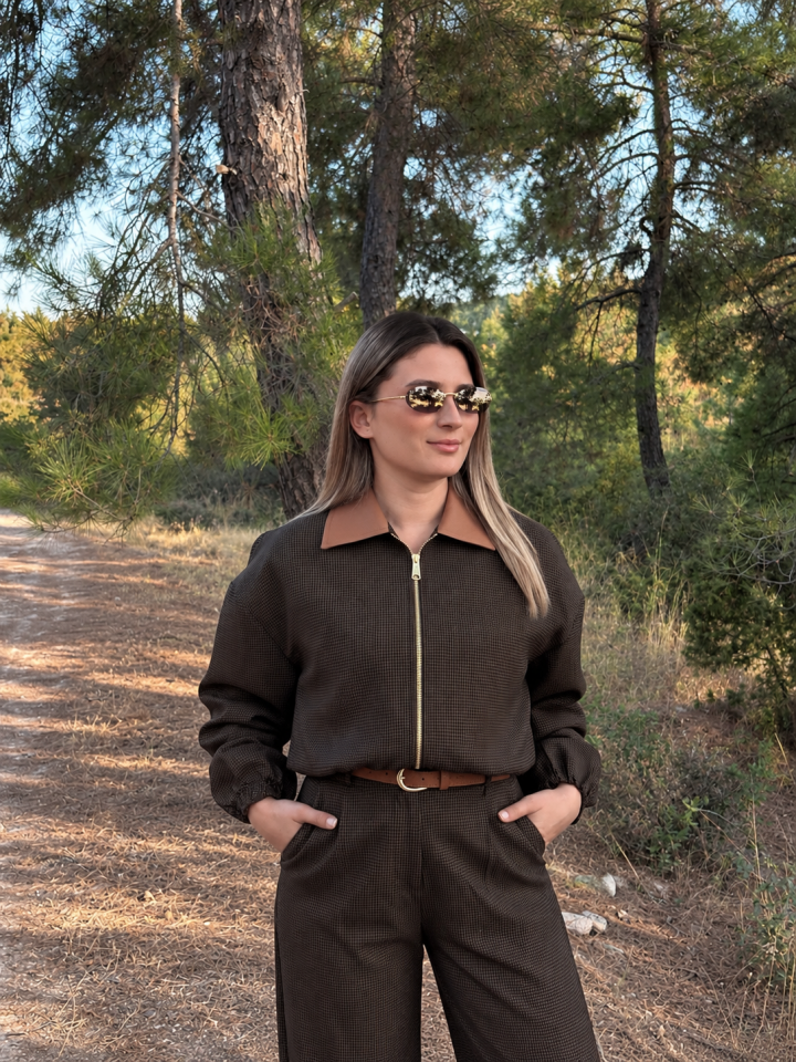 Kahve Ekose Bomber Ceketli Pantolon Takım