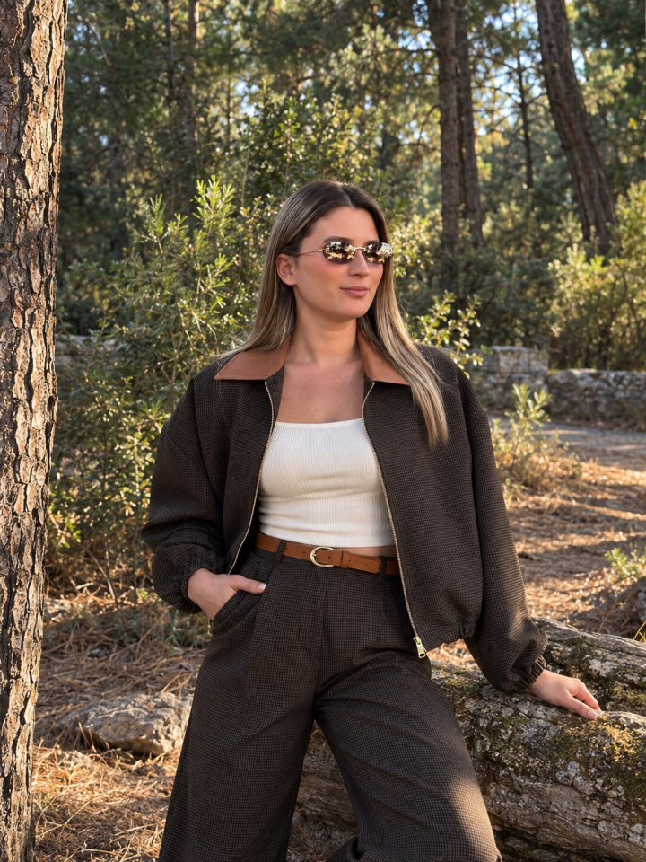 Kahve Ekose Bomber Ceketli Pantolon Takım