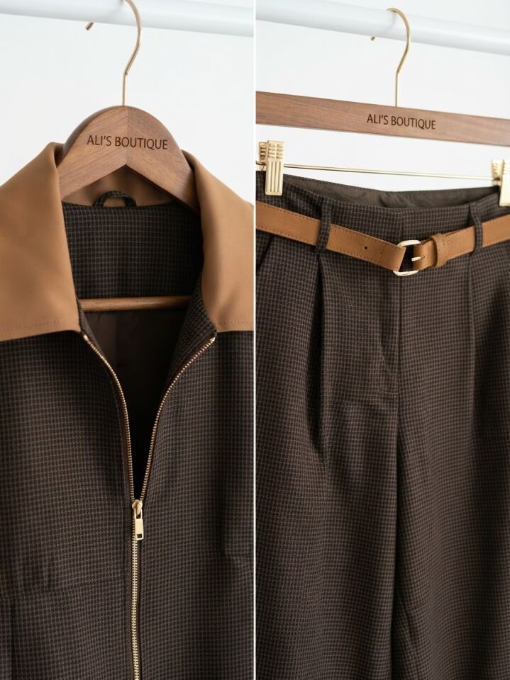 Kahve Ekose Bomber Ceketli Pantolon Takım