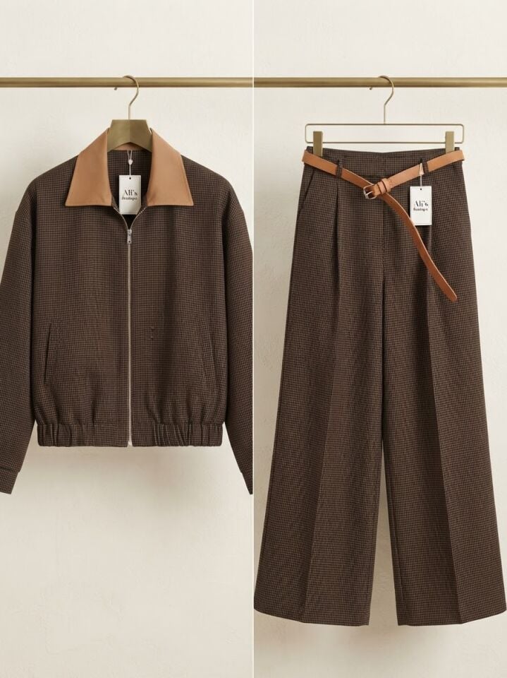 Kahve Ekose Bomber Ceketli Pantolon Takım