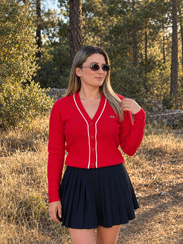 Lacoste Kırmızı Beyaz Şerit Detaylı Düğmeli Triko