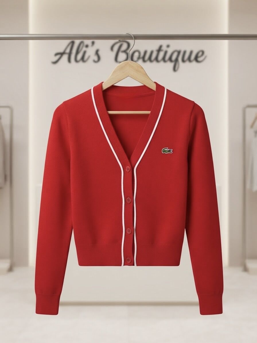 Lacoste Kırmızı Beyaz Şerit Detaylı Düğmeli Triko